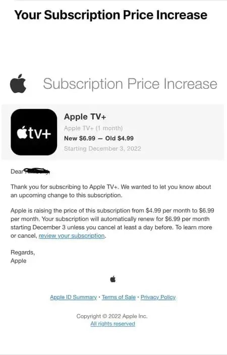 price increase letter example: Apple TV